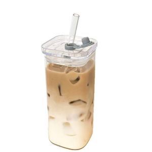 MAKERVY with Lid Glass Cup Heat Resistant High Borosilicate Coffee Mug Dustproof Square Straw Cup Travel