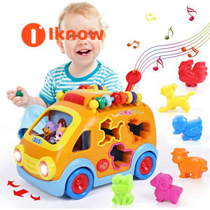 I know Toy Cars for 1 Year Old Boy Gifts Baby Toys 12-18 Months Musical Learning Toys for Toddlers 1-3 Educational Baby Bus with Animal Blocks Christmas Birthday Gift for 1 2 3 4 Year Old Boys Girls Kids