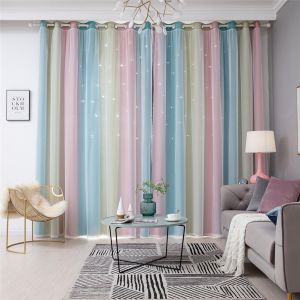 ⚡ Double Layer Curtains⚡ Rainbow Curtains for Baby‘s Room 2023 Modern Double Layer Blackout Curtains Star Cutout Design Window Sliding Door Curtains for Children‘s Room Support Custom Size