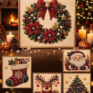 Christmas Pearl Diamond Painting Santa Claus Reindeer DIY Handmade Gift 20x20cm Solid Wood Frame with Tool Kit