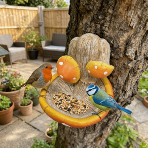 OUTOPEN Resin Mushroom Sparrow Feeding Station Weather-Resistant Hanging Mushroom Bird Feeder Bird Feeding Bowl Decorative Garden Feeding Tray for Outdoor