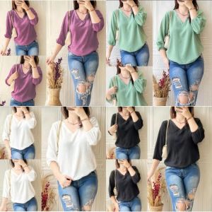 T-shirt Oversize Blouse Wanita V-Neck Simple Polos Elegant Mewah Remaja Kekinian Terbaru 2024 COD