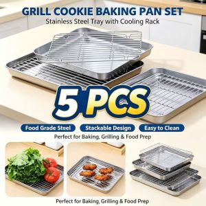 5Pcs (2 IN 1) STAINLESS STEEL MESH TRAY + OVEN TRAY OIL DRAIN - Stainless Steel Strainer with Tray