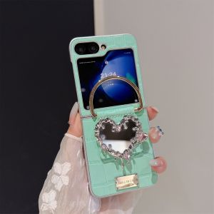 Cute Love Heart Mirror Crocodile Pattern Case for Samsung Galaxy Z Flip 7 6 5 4 3 8 flip7 Ring Holder Bracket Leather Cover