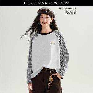 GIORDANO Women T-Shirts Sheep Embroidery Relaxed Tee Crewneck Striped Raglan Sleeve Fashionable Casual T-Shirts 18326638