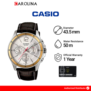 Jam Tangan Pria Casio Chronograph MTP-1374L-7A Gold Bezel Silver Dial Brown Leather Band