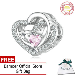 BAMOER 925 Sterling Silver Pink CZ Geometric Hollow Heart to Heart Bead for Women Original Bracelet and Bangle Jewelry BSC695
