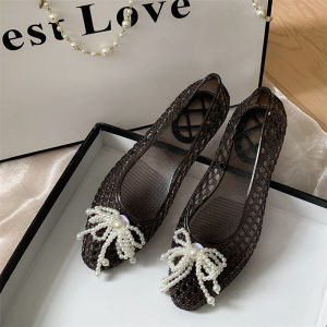 [Free Shipping] Retro Ballet Flats Sweet-Style Pearl Bowknot Pointed-Toe Crystal Shoes WomenS Transparent Perforated Shoes Woven Jelly Shoes For Women