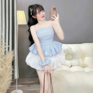 Set đồ nữ mặc hè đồ đi biển thiết kế áo cúp ngực chất Đũi bồng xinh phối chân váy bí có quần ngắn kèm cột tóc cùng màu dễ thương