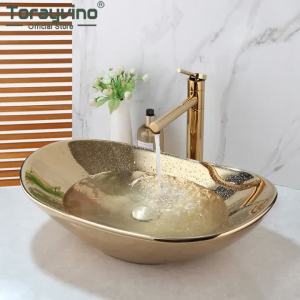 LDIES Torayvino Ceramic Basin Sink Set w/ Gold Faucet & Pop-Up Drain Bathroom Vanity Washbasin Vessel Sink for Luxury Home Bathroom 2Z6B9