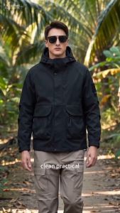 Men Hooded Jacket Lightweight Windbreaker Casual Outdoor Zip Up Multi Pocket Jaket Lelaki