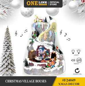 ONELINE #F24049 Christmas Village Houses Figurines with USB Motion and Lights with Music