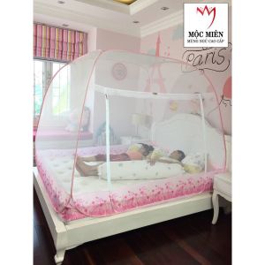 Màn Chụp Đỉnh Rộng Cao Cấp Mộc Miên - Mẫu Trắng Viền Hồng Hoa Lá ( Kích thước 12m . 14m . 16m . 18m . 22m )
