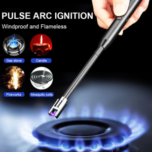 Rechargeable Electric Arc Lighters USB Long Lighter for Kitchen Stove Windproof Flameless Arc Lighter Candle Lighter BBQ Grill Lighter Triple Safety & 360°Flexible Neck Black