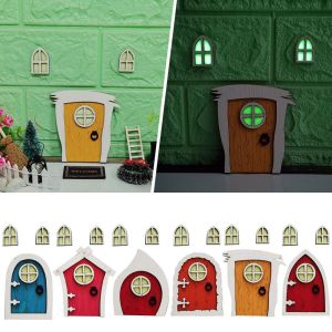 NCNC(OKDEALS01) Miniature Fluorescent Elf Door Cute Mini Wooden House Miniatures Creative Cartoon Fairy Door Ornaments Graden Ornaments