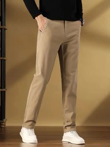 Mens Solid Slim Fit Pants For Business Workday All-season Versatile Straight Trousers For Males Stylish Cotton Comfort Pants