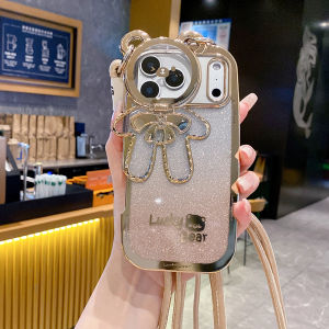 Glitter Diamond Lucky Bear Cartoon Camera Protective Bracket Kickstand Case For iphone 17 Pro Max Air 16 Pro 15 Pro Max 13 14 Pro Max iphone 11/12 Pro Max iphone X/XS MAX/ XR Case Lanyard Crossbody Neck Strap Detachable String Case