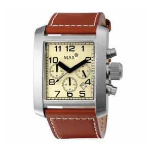 MAX Classic Square Chronograph Silver Steel/Yellow Dial Mens Watch 40x42mm Brown Leather Strap 5-MAX073