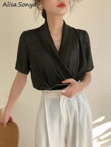 Alisa.Sonya Womens Blouses Dressy Casual Satin Silk Short Sleeve Shirts Business Casual