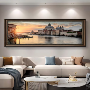Classic Horizontal Wall Painting with Antique Wood Frame Retro Textured Mural Art Ready to Hang Wall Decoration for Sofa Backdrop