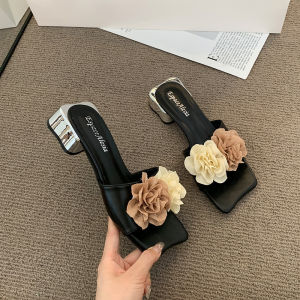 Ielgy Pháp gót trụ dép hoa của phụ nữ thời trang mới dép cho mùa hè