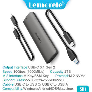 Lemorele M.2 NVMe SSD Enclosure SATA SSD Case Hard Disk Case USB Type C 3.1 Gen2 10 Gbps 2TB