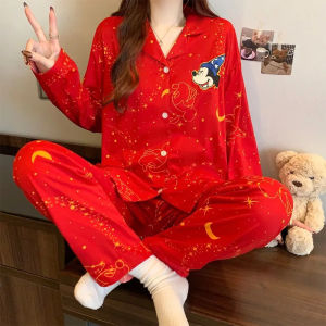 Autumn Winter Cartoon Mickey Moon Pajamas Sweet Kawaii Print Lapel Neck Sleepwear HomeWear Red New Fashion Womens Pajamas Set