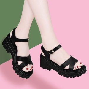 [Free Shipping] Soft Leather Soft-Soled Sandals Waterproof WomenS Summer Fashion Outdoor Wear New Style Summer Roman Sandals Thick-Soled