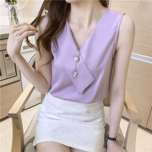 Womens White Chiffon Shirt Summer Thin v Collar Vest Shirt Sleeveless Purple Tops Outerwear