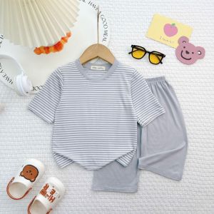 KIM212 Bộ lửng thun lạnh áo sọc quần trơn (9-26kg) vải thun lạnh mềm mịn cho bé trai bé gái đi học mặc nhà