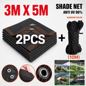 WTHB Outdoor 2PCS Black Anti-UV 90% Sunshade Net with 10M Rope for Garden and Car Shelter