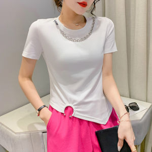 REHIN Womens T-shirt summer new solid color design tops irregular hem short-sleeved shirt S-3XL plus size
