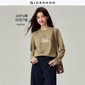 Giordano Beau Monde Women 100% cotton lifestyle print long sleeve tee Free Shipping 13396799