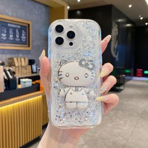 เคสโทรศัพท์แวววาวกระจกคิตตี้สำหรับ iPhone 16 17 15 14 13 12 11 Pro Max 6 6 6S 7 8 Plus X XS Max XR