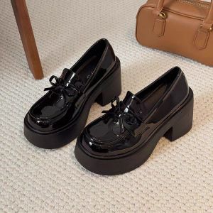 Free Shipping Fashionable Leather Chunky-Heeled Platform Shoes New Spring/Autumn Collection For Women Featuring A Bow And A Small Heel