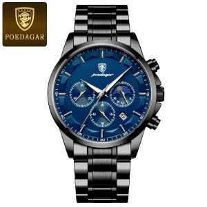POEDAGAR Mens Watches Stainless Stain Fashion Business Watch for Men Rose Gold Quartz Wristwatches Chronograph Calendar Waterproof Luminous Timing Man Clock Original Men Watch
