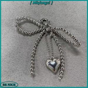 【miqiangzi】 Temperament Sweet Bowknot Heart Pendant Keychain Fashion Beaded Phone Charm Bow Phone Lanyard Bag Decoration Accessories Gifts