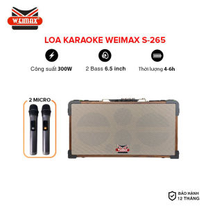 Loa karaoke xách tay Weimax S-265 BASS 16.5cm công suất 300W tặng kèm 2 micro không dây âm thanh sống động mạnh mẽ chỉnh bass treble echo kết nối đa dạng thời gian hoạt động 6-8h bảo hành 12 tháng