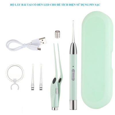 Bộ dụng cụ lấy ráy tai có đèn led siêu sáng 3in1 cho bé tích điện bin sạc cổng USB, đầu silicon mềm không đau rát, ngoái tai cực êm dành mọi lứa tuổi