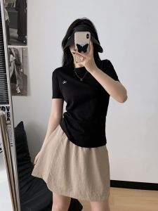 original ALO Summer New Womens Casual Solid Color Round Neck Letter Print Short Sleeve T Versatile cotton slim-fit short-sleeve shirt in stock