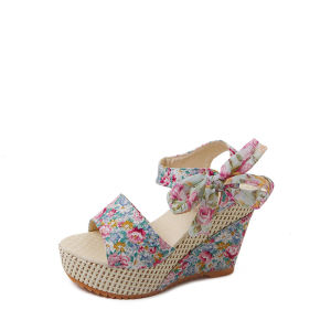 [Free Shipping] Bohemian-Style Sandals Thick-Soled Wedge-Heeled High-Heeled Open-Toe WomenS Sandals Platform Heels Floral And Ribbon Embellishments Beach Sandals