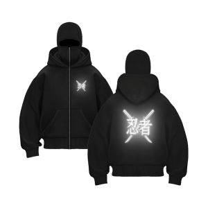 Sweater Hoodie Pria Wanita Balaclava Menyala Reflektif Hitam