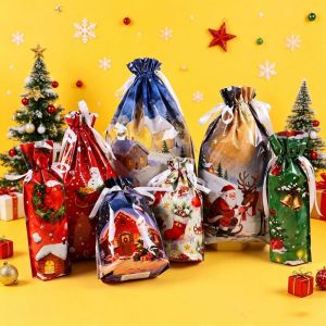 LUMIYA Mixed Size Christmas Gift Bags Assorted Pattern Multicolor Wrapping Bags Creative with Drawstring Drawstring Gift Bags Christmas Eve