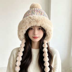 LUMINOU Soft Colored Beans Beanie Cap Warm Fleece Lined Ear Protection Hat Fashion with Straps Stretchy Knitted Hat for Women