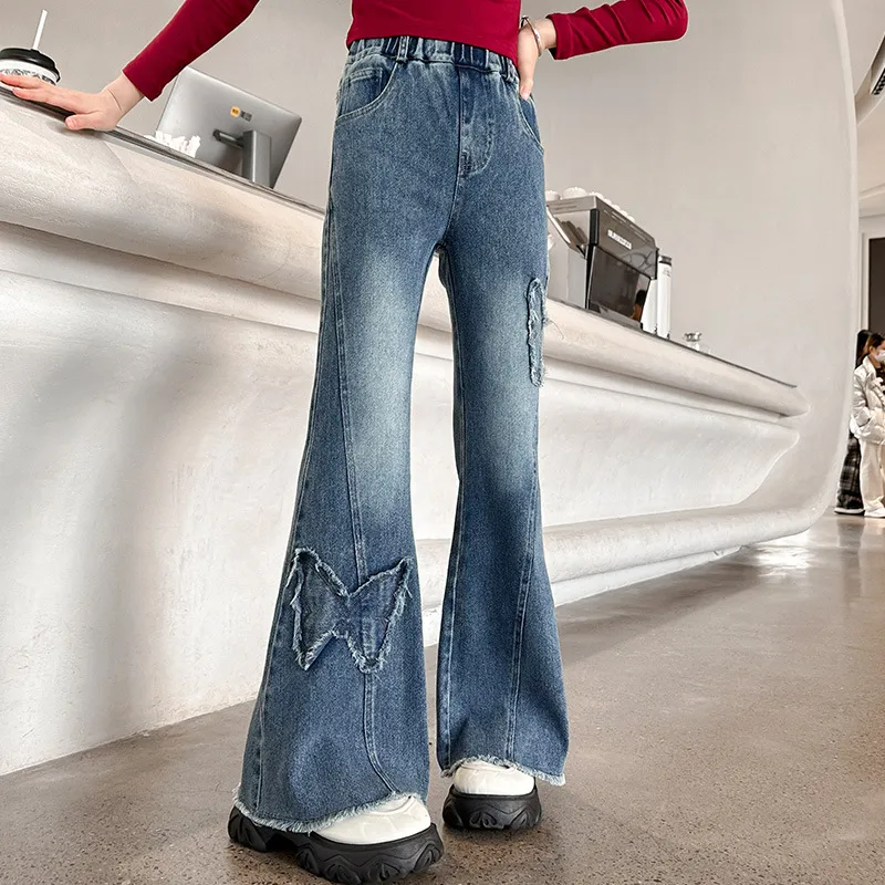New Jeans for Kids Girls Butterfly Flared Jeans for Teens Wide Leg