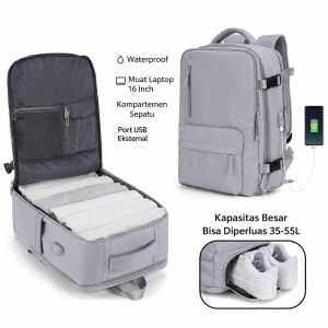 Gray Waterproof Backpack with Laptop Compartment 16 Inch External USB Port Capacity 35-55L