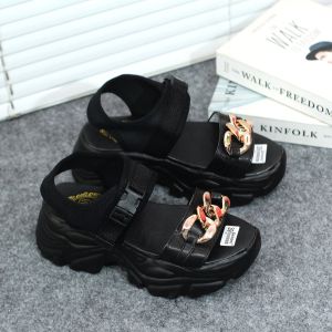 Sandal Tali Wanita Rantai Fahion Kasual Korea Sol Tebal 5 Cm Hitam Putih (546)