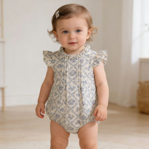 2026 Baby Girl Romper Summer New Cute Blue Floral Ruffle Sleeveless Pure Cotton Onesie Bodysuit Newborn Go Out Leisure Clothes2026