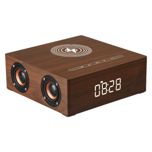 Q5A Multifunctional Wooden Touch Clock Display Wireless Charging Bluetooth Speaker Support TF Card & U Disk & 3.5mm AUX