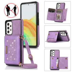 Lanyard Crossbody Wallet Leather Cards Solt Bag Cover for Samsung Galaxy S23 S22 Ultra S21 FE A54 A52s A72 A53 5G Glitter Case